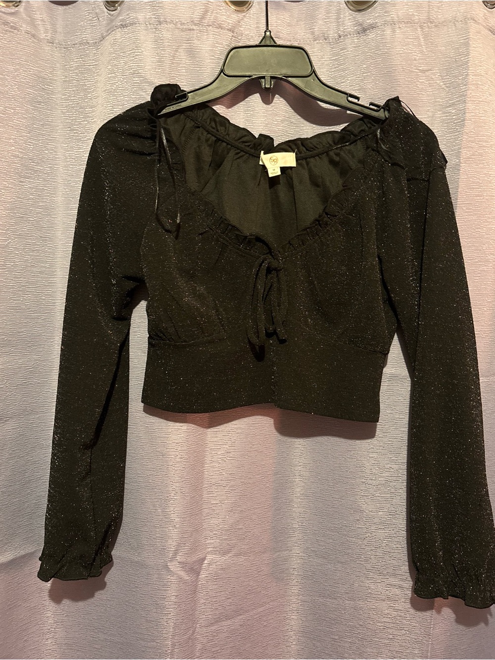 Sparkle Long Sleeve Cropped Top - Black